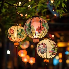 Traditional lanterns hanging gracefully, glowing warmly during an Asian festival at night, illuminating the festive atmosphere.
