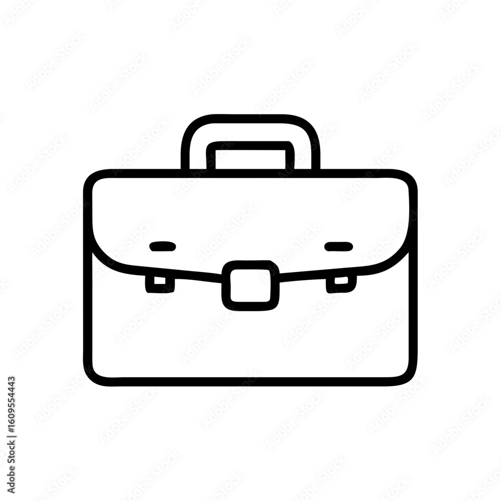 Poster illustration of a simple black and white briefcase with handle and closing mechanism in outline styl