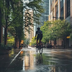 An urban biker cruising smoothly through a clean, green city street lined with trees and eco-friendly design.
