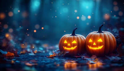Two glowing jack o lanterns on a dark forest floor with autumn leaves halloween pumpkin