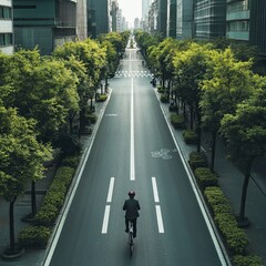 An urban biker cruising smoothly through a clean, green city street lined with trees and eco-friendly design.
