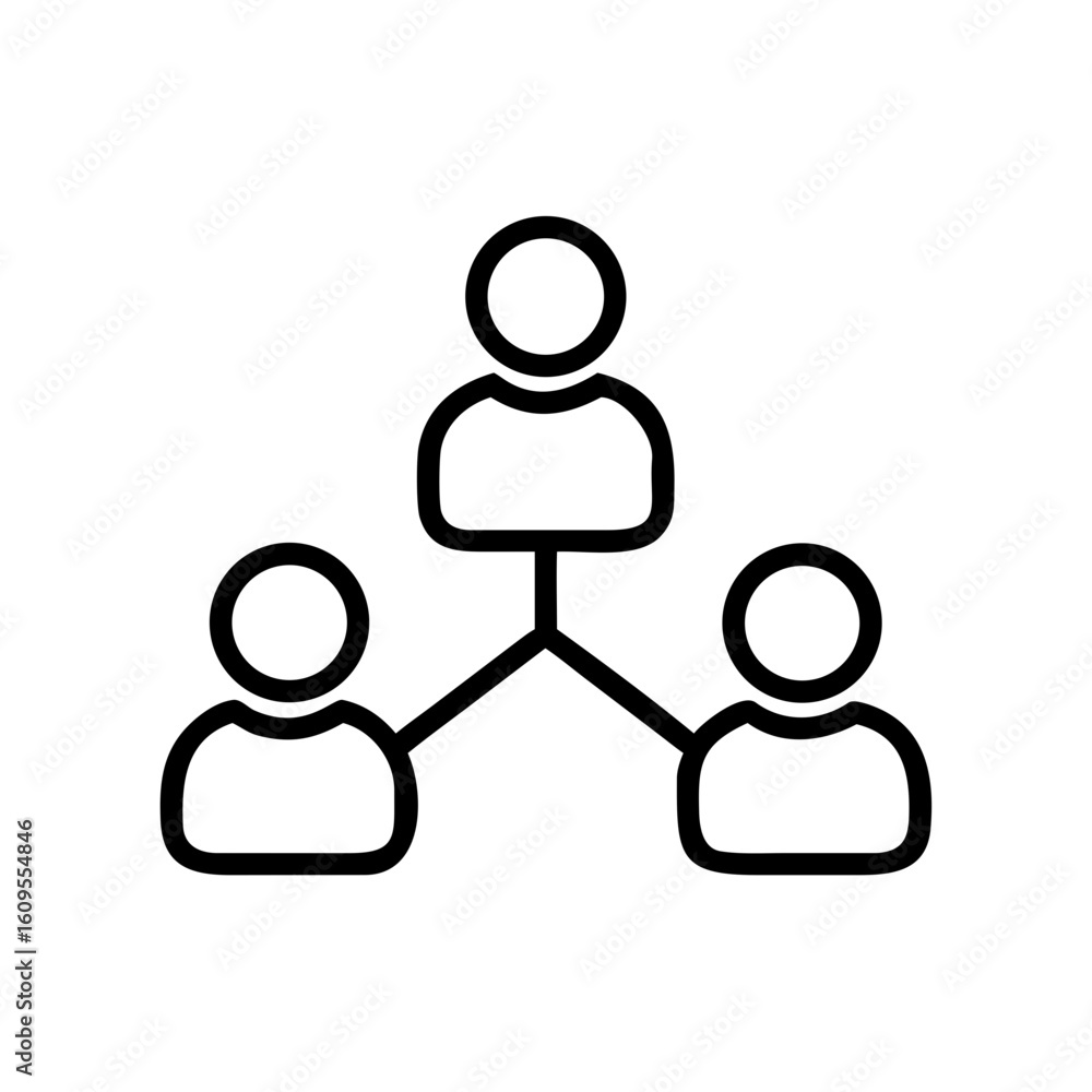 Poster outline illustration of a network with three connected people in a hierarchical arrangement on white