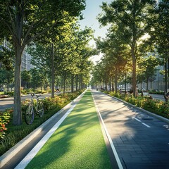 An urban biker cruising smoothly through a clean, green city street lined with trees and eco-friendly design.
