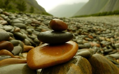 Stacked wet river stones in a rocky landscape cairn