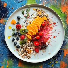 Vegan dishes artfully plated and styled to resemble vibrant abstract art, blending culinary creativity with visual expression.
