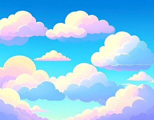 Pastel-colored cloudscape. Vivid, stylized clouds in various pastel shades of pink, purple, blue, and yellow against a vibrant, gradient-shaded blue sky
