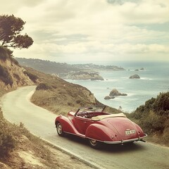 A vintage car parked along a scenic coastal road, with waves crashing nearby and a stunning ocean view stretching into the horizon.
