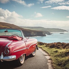 A vintage car parked along a scenic coastal road, with waves crashing nearby and a stunning ocean view stretching into the horizon.
