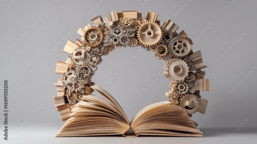 Poster abstract gear structure made of books symbolizes continuous self-development and knowledge in a thou