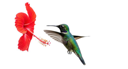 A hummingbird with outstretched wings flying near a red hibiscus flower on a black background scene view