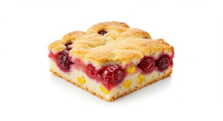 Isolated cherry corn cobbler square on a white background for dessert and food photography