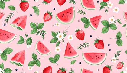 Watercolor fruit and flower pattern