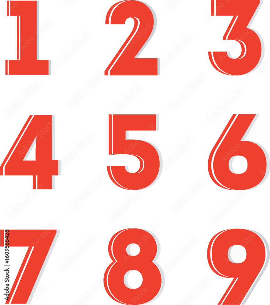 Fototapete red number set from 1 to 9 on a clean white background