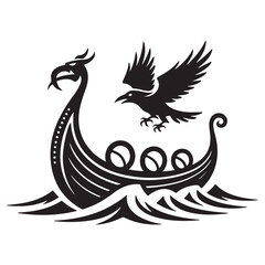 Obraz premium A black and white illustration of a viking ship and a flying raven