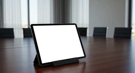 Boardroom Technology: An empty conference table featuring a blank tablet screen, showcasing the modern minimalist setting for collaboration and digital workflow.