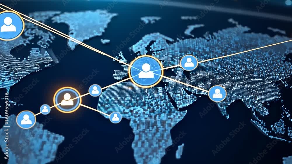 Poster global network connection illustrating digital communication and social interaction across continent