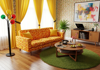 Concept of retro interiors vintage room style art built in 1960s. arts, picture, wall paper, color ful .