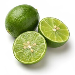 Fresh green limes one whole and two halved on white background