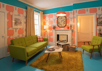 Concept of retro interiors vintage room style art built in 1960s. arts, picture, wall paper, color ful .