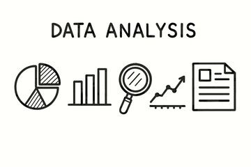 Data analysis icons: pie chart, bar graph, magnifying glass, line graph, document