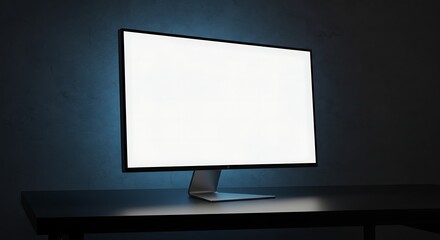 Blank Canvas: A sleek computer monitor with an illuminated blank screen on a dark desk against a dark backdrop, representing the concept of data and empty spaces.