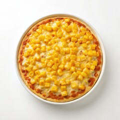 Korean food, Delicious Korean corn cheese dish served in a corner on a white background, perfect for food lovers and culinary enthusiasts.