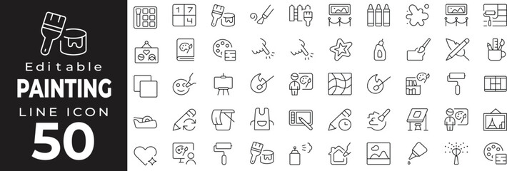 Painting tools and artistic set of web icons in line style. Art and repair linear icons collection. Containing paintbrush, roller, watercolor, spray, palette, bucket, pigment, house painting, acrylic.