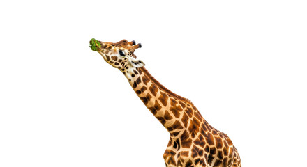 Obraz premium Giraffe eating leaves with its neck extended against a black background in a close up view