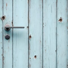 Light blue door with metal handle and visible wood grain