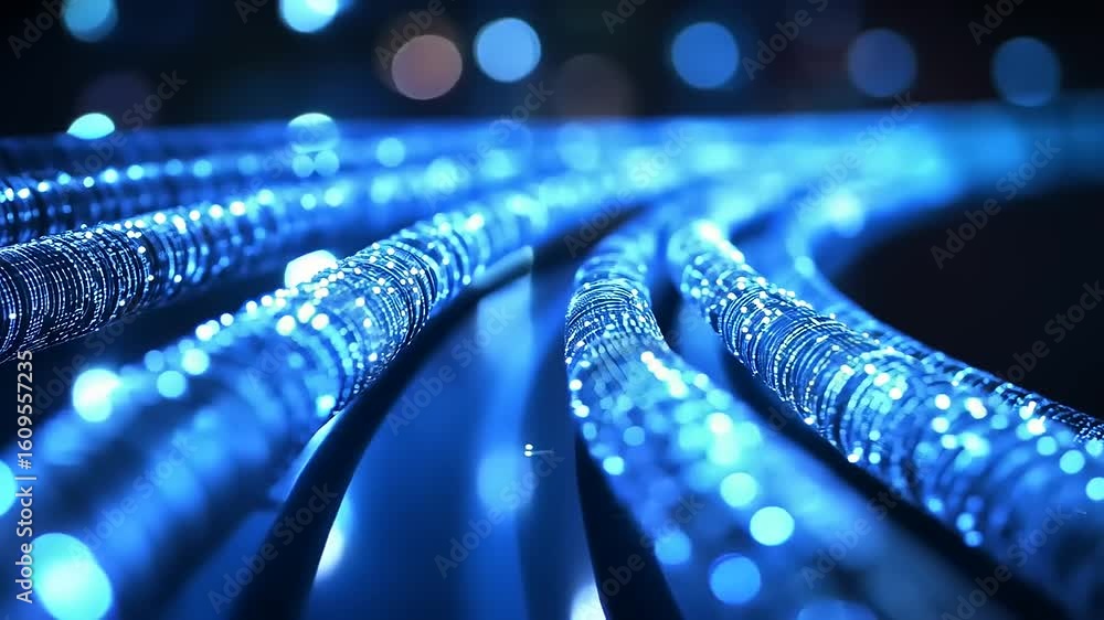 Aufkleber glowing blue wires in a dark environment with soft bokeh lights creating a futuristic atmosphere