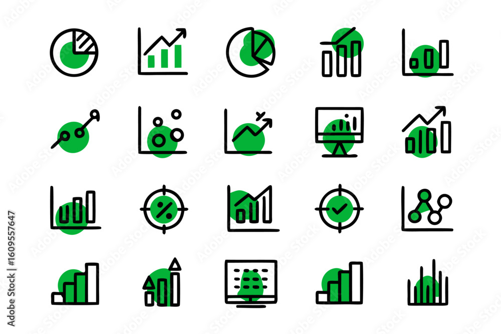 Aufkleber comprehensive collection of business growth and data analysis icons featuring charts graphs and prog