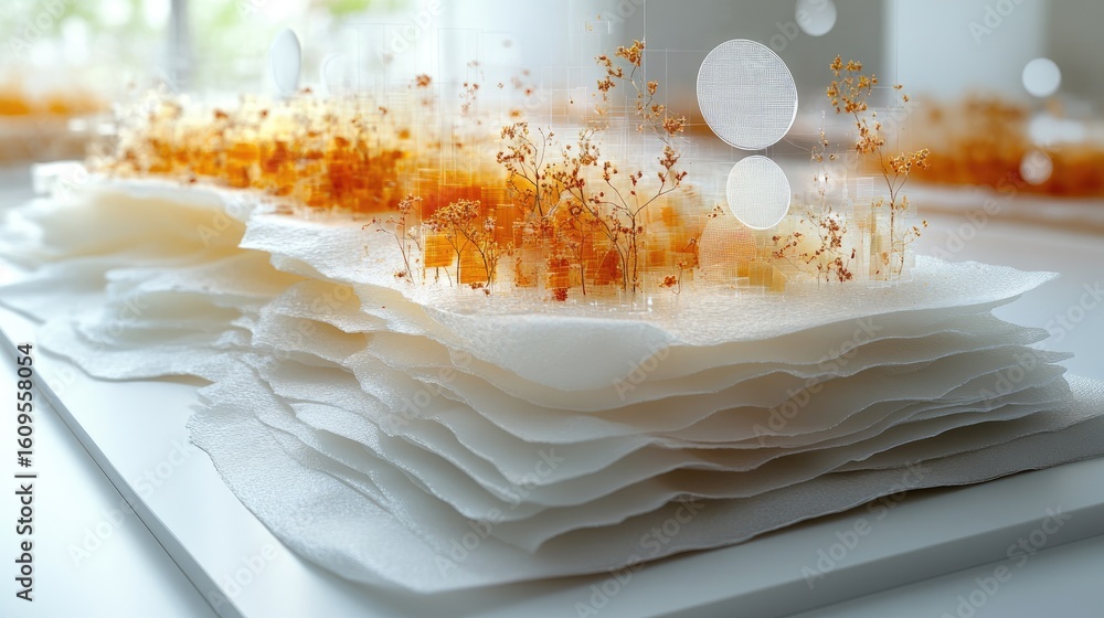 Poster layered display of natural packaging materials with translucent circular graphs visualizing sustaina