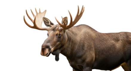 Close up shot of a large brown moose with prominent antlers against a black background in a studio shot