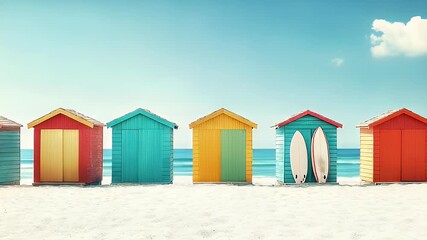 Row of colorful beach huts with surfboards against a blue sky and sandy beach