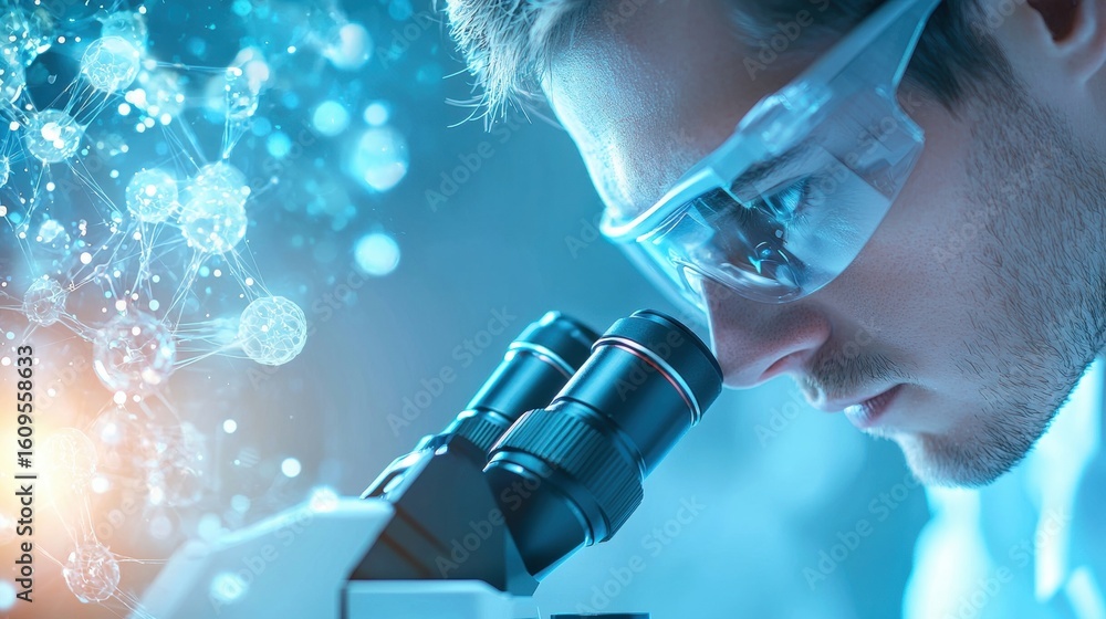 Poster molecular researcher using a microscope to analyze molecular interactions in a controlled experiment