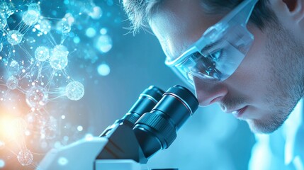 Molecular Researcher using a microscope to analyze molecular interactions in a controlled experiment.
