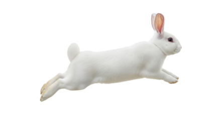 A white rabbit leaping across a black background with its ears perked up in a dynamic pose image