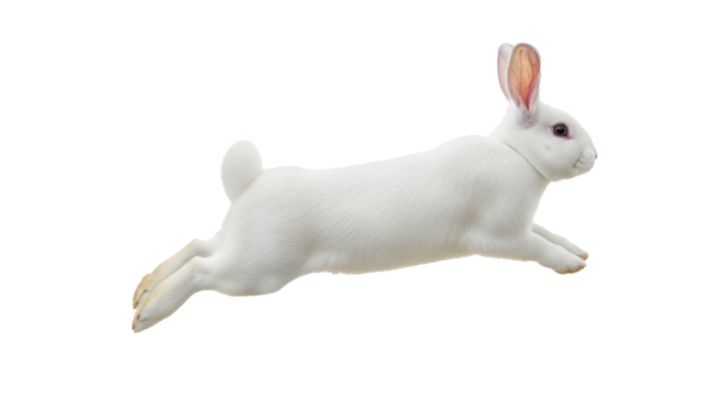 A white rabbit leaping across a black background with its ears perked up in a dynamic pose image