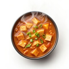 Korean food, A delicious and comforting soybean paste stew served in a corner, beautifully isolated against a white background for a stunning visual appeal.