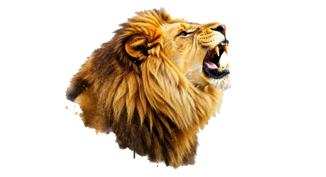 A close up of a lion's head roaring with its mouth open and teeth showing on a black background