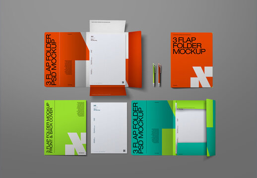 3 Flap Folder Mockup Set - Flat-Lay (9 Objects)