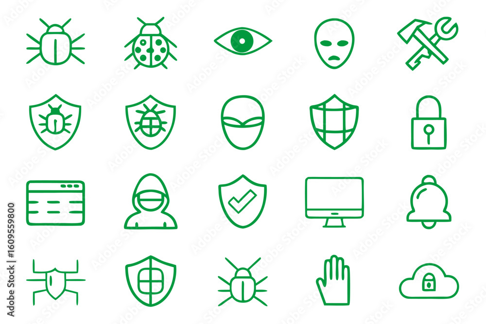 Poster modern line art icon set showcasing a cyber security hacker character in vibrant black yellow cyan a