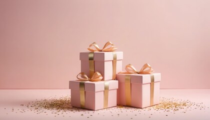 Pink gift boxes with gold ribbon bows celebration