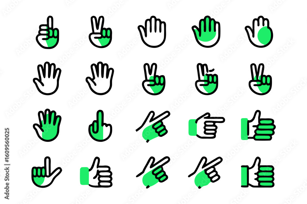 Poster collection of stylized line art representations of human hands in various gestures and poses suitabl