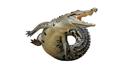 Obraz premium A crocodile with its mouth open and its tail curled up on a black background in a studio shot