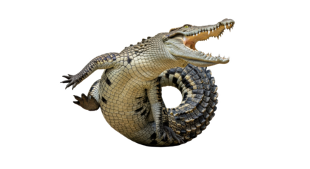 A crocodile with its mouth open and its tail curled up on a black background in a studio shot