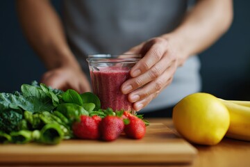 Hands preparing a healthy smoothie, fresh ingredients for wellness. Nourishment, vitality. Clean.