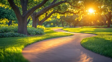 Obraz premium Sun-drenched park path winding through lush trees