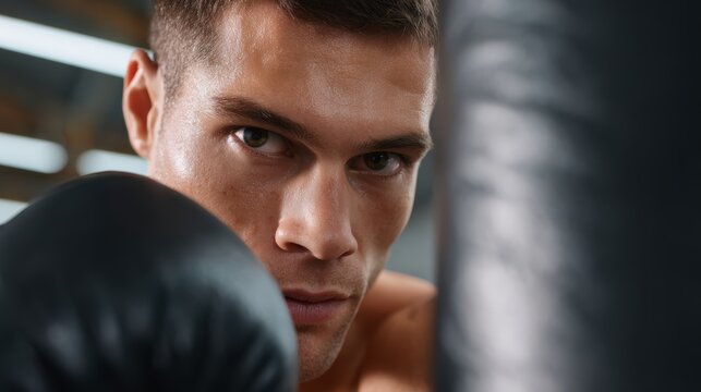 Male boxer training with punching bag in industrial-style gym - Powered by Adobe