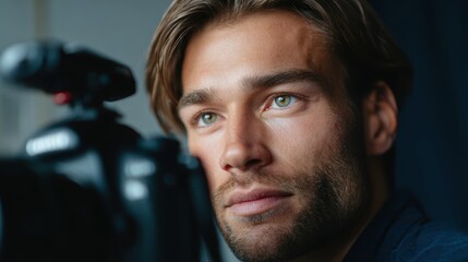 Photographer adjusting camera settings in studio